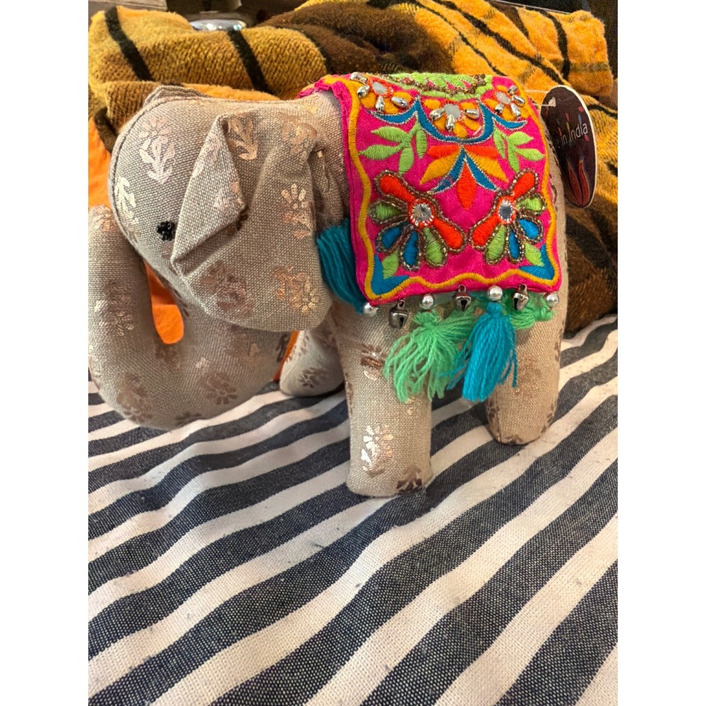 Made in India Embroidered Elephant Plush Gold Foil Floral Print Tassel Bell Boho